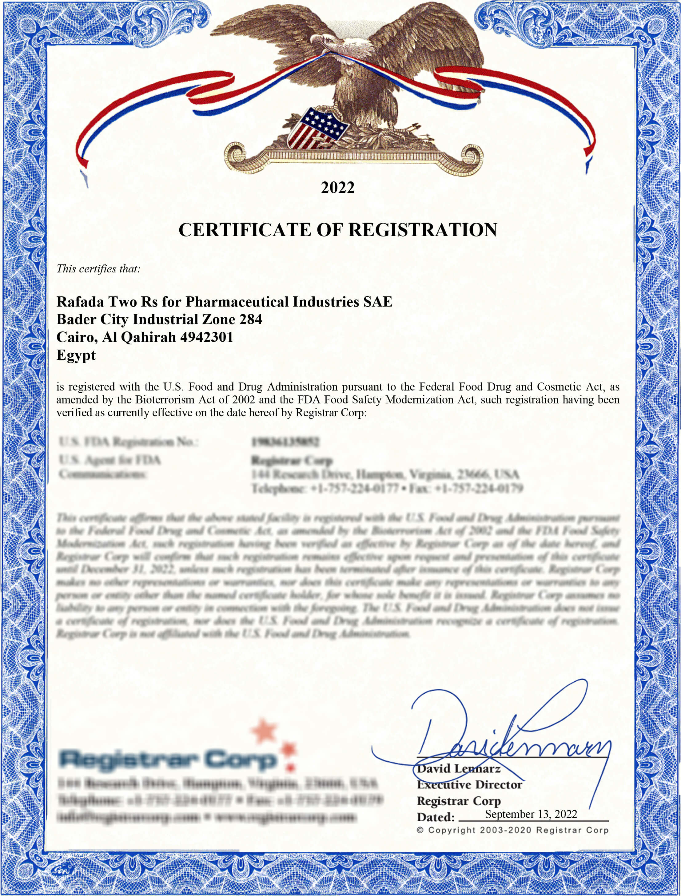 FDA certficate 2022